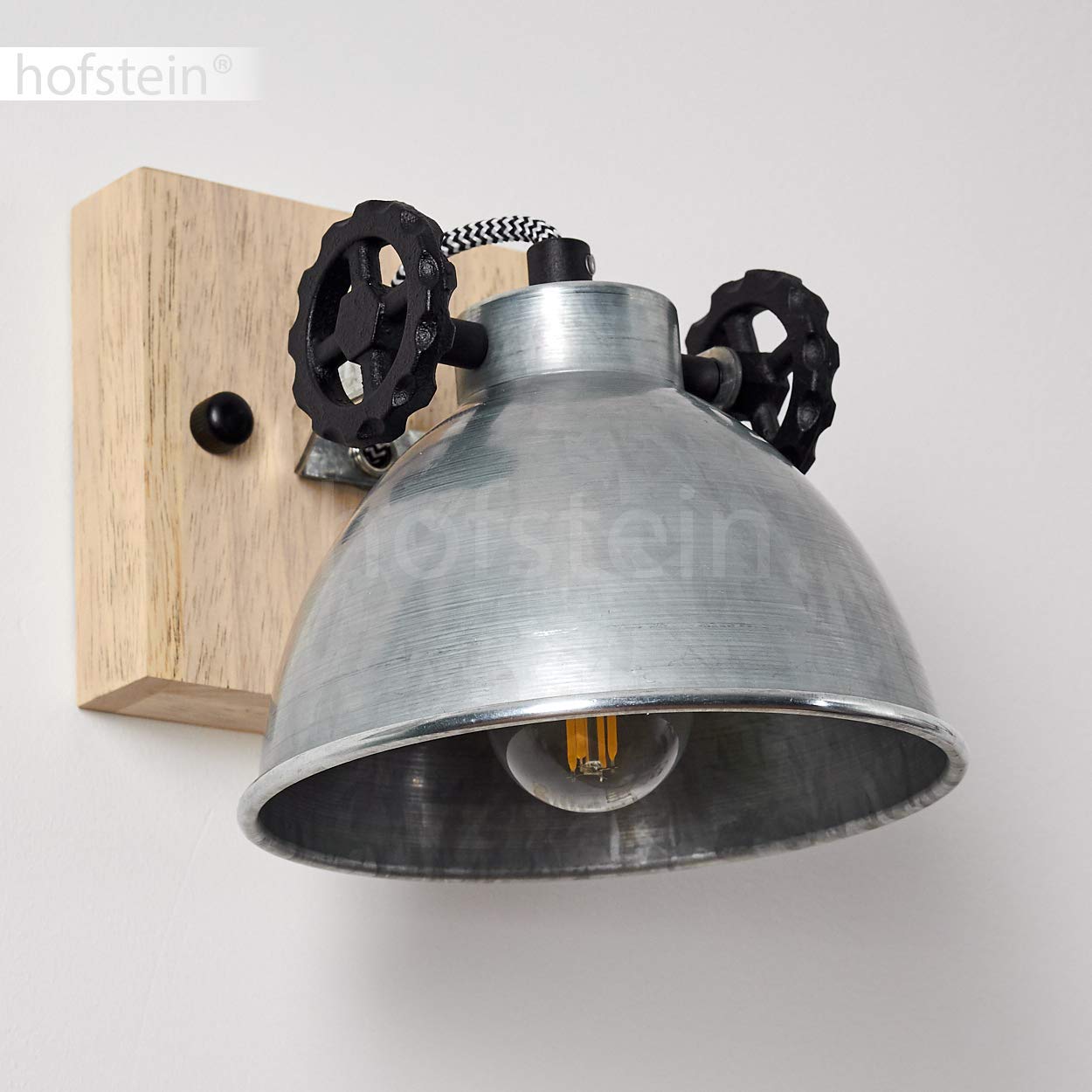 Lampada da parete Svanfolk, lampada da parete in metallo e legno in argento/marrone, 1 luce, con faretto regolabile, 1 attacco E14, design retro/vintage, senza lampadina/e