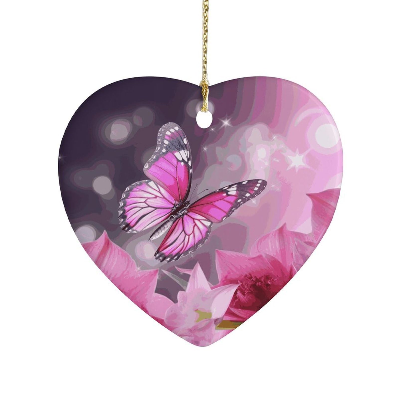 Pink Flower and Butterfly Heart Ornament Precious Heart-Shaped Pendant Idea Ceramic Ornaments with Gold String Personalized Heart Shaped Decoration for Outdoor Party Love