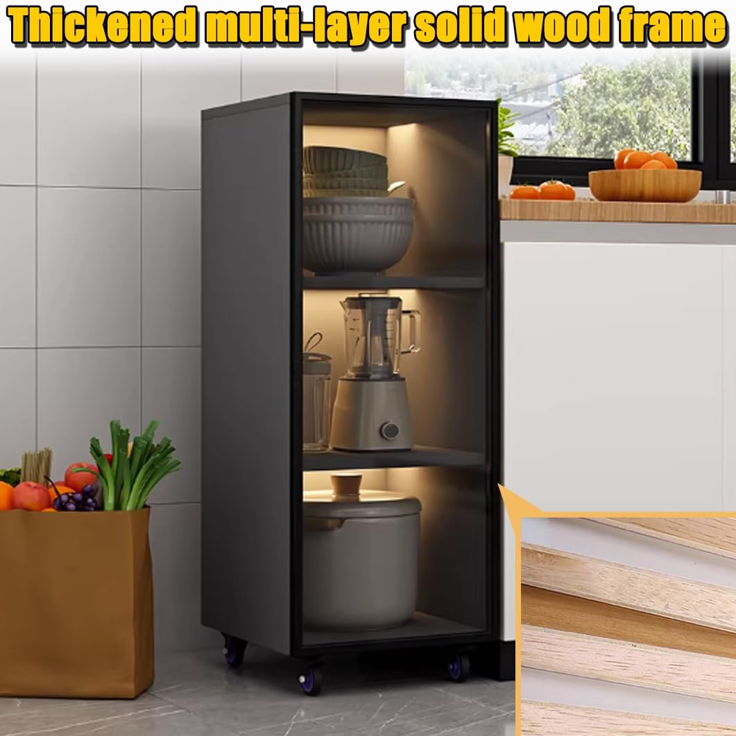 Carrello portaoggetti sottile con ante in vetro temperato, 3 ripiani, per cucina e bagno, con ruote, bianco e nero, 30 x 40 x 103 cm