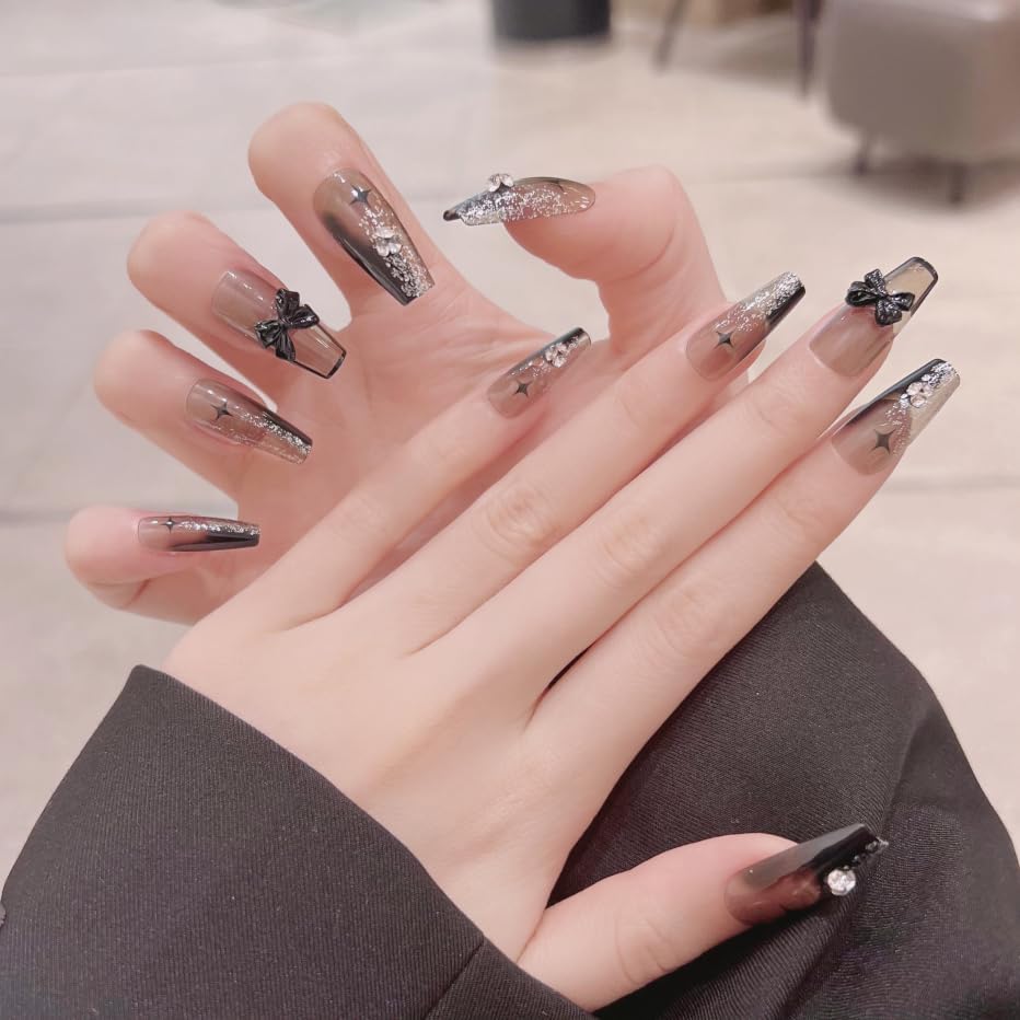 CatkinPress On Nail Fasle Nail with design 24pcs Full Cover Reusable Acrylic Nails Artificial Nails for Women girls Long Square Decoration Fake Nails Black Princess