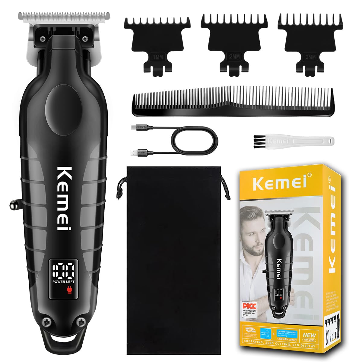 KEMEI2293 Hair Clippers Men Professional, T Blade Zero Gap Trimmer, Electric Barber Trimmer, Cordless Hair Clippers, Rechargeable Detailer Trimmer with LED Display KM-2293