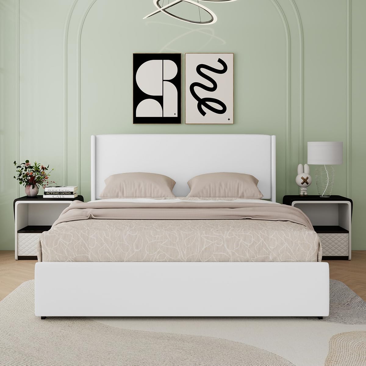 Queen Size Upholstered Storage Platform Bed Frame with 4 Drawers - Modern Noise-Free Bed Frame with Padded Headboard, No Box Spring Needed, ivory