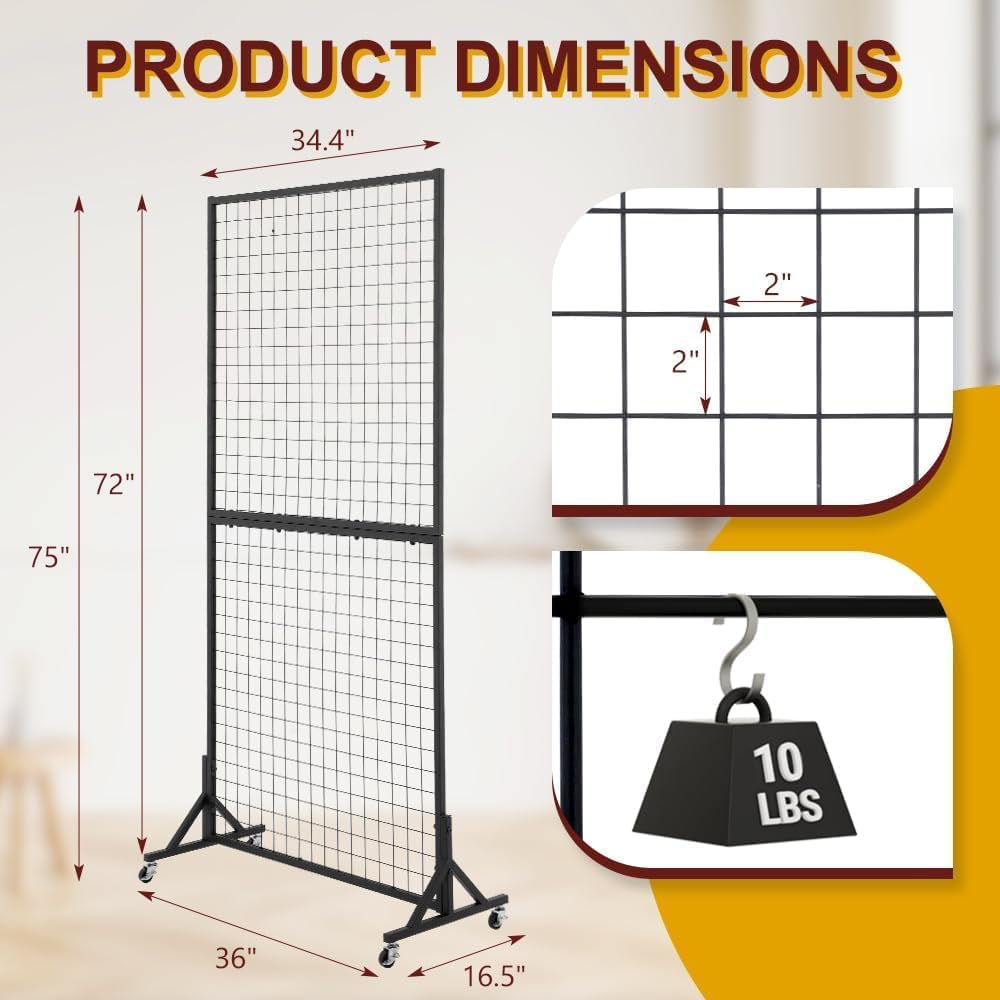 2 Packs 3' x 6' Grid Wall Panels Standing Wire Grid, Study Display Rack with T-Base Wheels Freestanding Gridwall Panel Tower for Shows, Black
