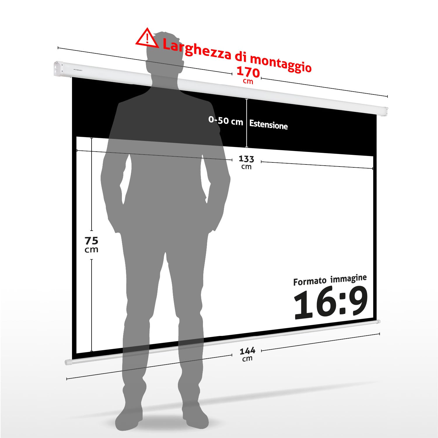 ESMART Professional MIMOTO schermo motorizzato L totale 170 cm, telo bianco | Area di proiezione 133 × 75 cm, formato 16:9, telo bianco per home cinema e presentazioni, telecomando incluso
