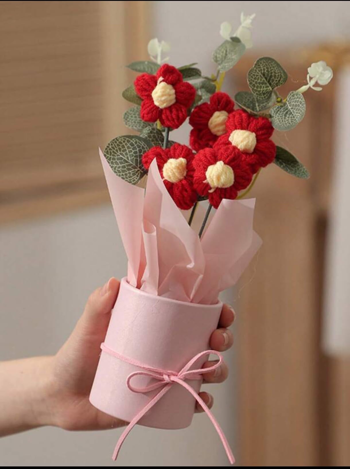 VRB Dec 1pcs Artificial Crochet Flower Bouquet/Artificial Flowers Bunch/Crochet flowers bouquet/Crochet flowers/Flowers Bouquet Gift for Girls Home Decor,gifting,etc. (Red Daisy Bouquet)