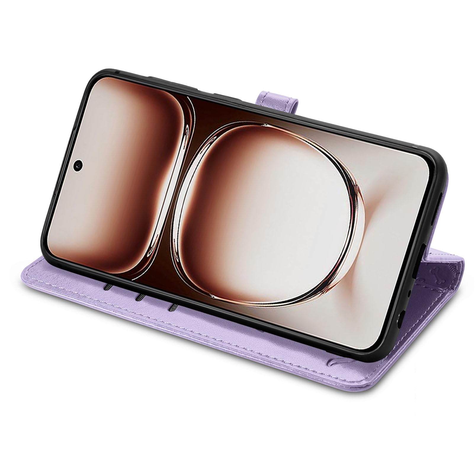 Custodia Portafoglio Per OPPO A80 5G Con Gatto In Rilievo - Pelle Viola Con Blocco RFID, Slot Carte E Laccetto - 2