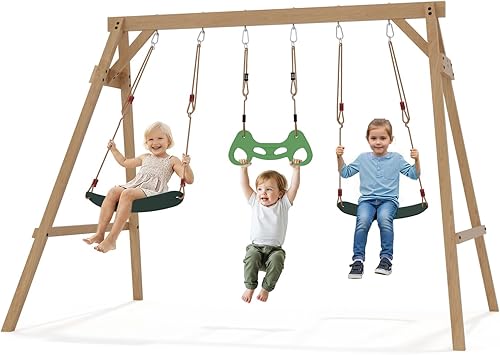 Miniatura 8 de Juegos de columpios de madera para patio trasero para niños de 3 a 8 años, con barra de columpio, 2 columpios de cinturón y 4 soportes de esquina de