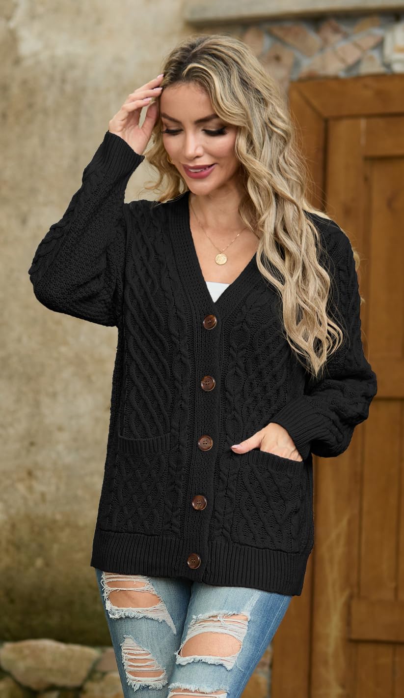 GRECERELLE Women 2025 Fall Long Sleeve Cable Knit Sweater Button Open Front Cardigan Loose Outerwear Coat with Pockets - Image 5