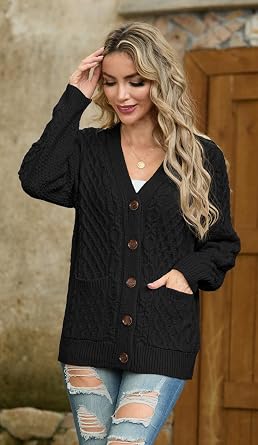 GRECERELLE Women 2025 Fall Long Sleeve Cable Knit Sweater Button Open Front Cardigan Loose Outerwear Coat with Pockets