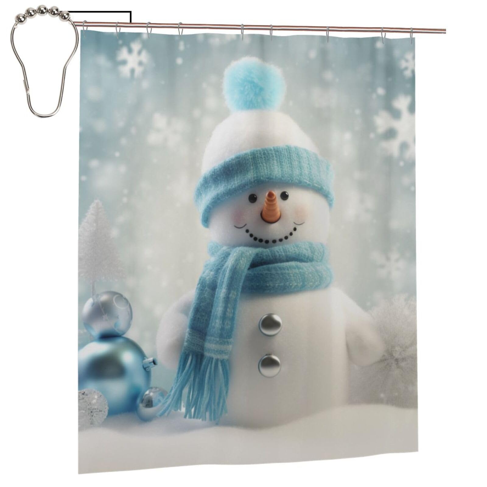 BWWHCCTI Happy Snowman Printed Shower Curtain With 12 Iron Hooks Opaque Quick Drying Waterproof Shower Curtains Sets For Bathroom 152x183 Cm