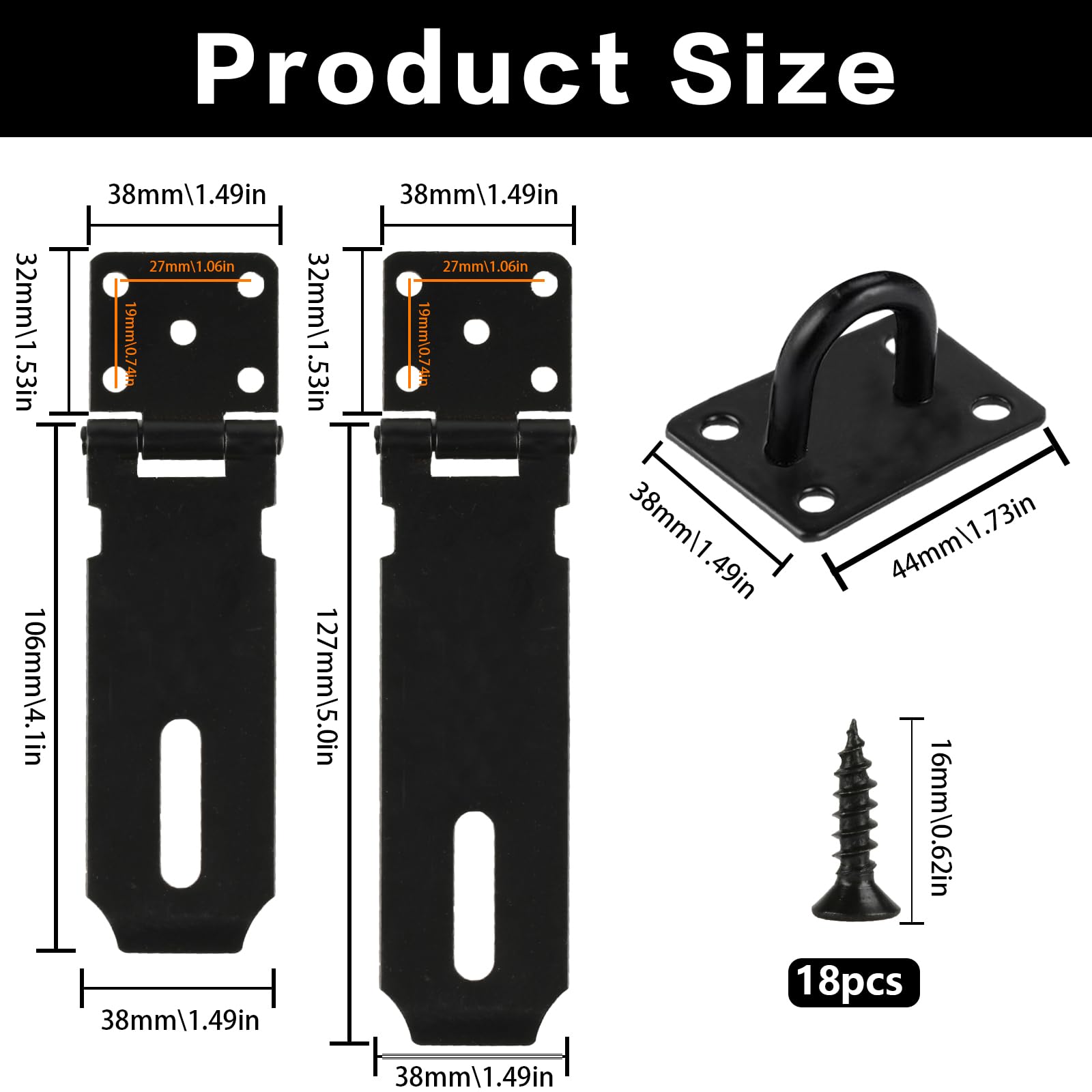 2 Pz Lucchetto Hasp in Acciaio Inox, Chiusura a Viti Hasp, Lucchetto a Gancio di Sicurezza da 127 mm/106 mm per Armadietti, Cancelli, Capannoni, Serratura Porta Interna Esterna (Nero)
