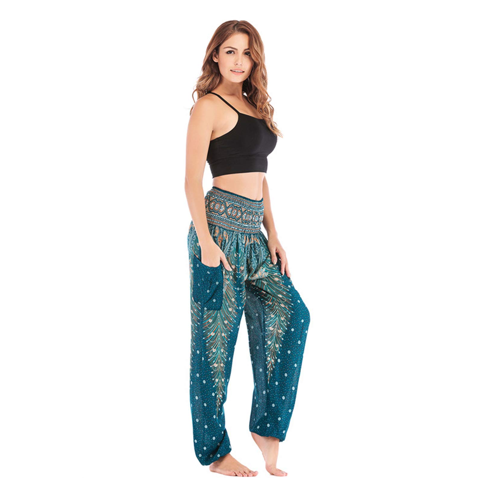 Sarouel Femme Pantalon Hippie Élastique Pantalon Jogger Poche Baggy Taille Haute Gym Sport Lounge Pantalon pour Yoga Summer Plage 002-Taille Unique