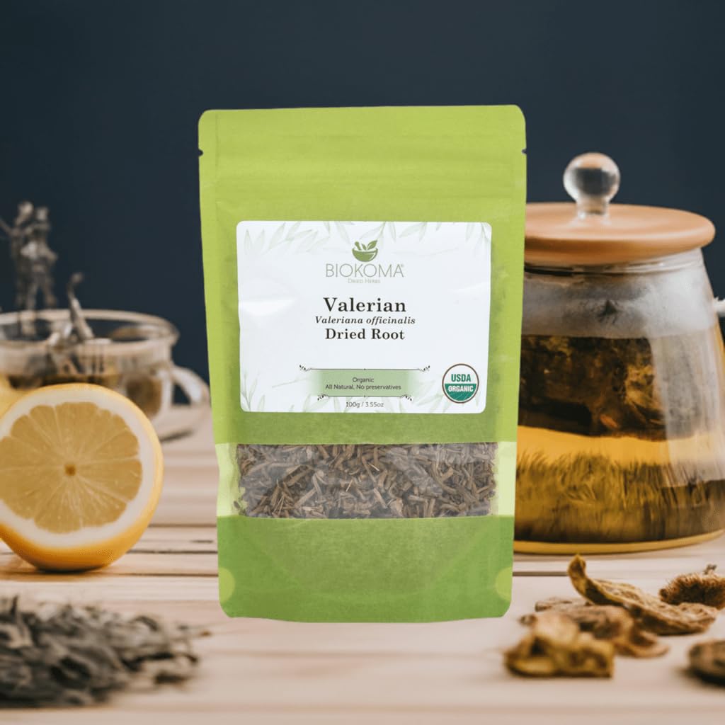 Biokoma Pure and Organic Valerian Dried Root 100g (3.55 oz) in Resealable Moisture Proof Pouch, USDA Certified Organic - Herbal Tea, No Additives, No Preservatives, No GMO