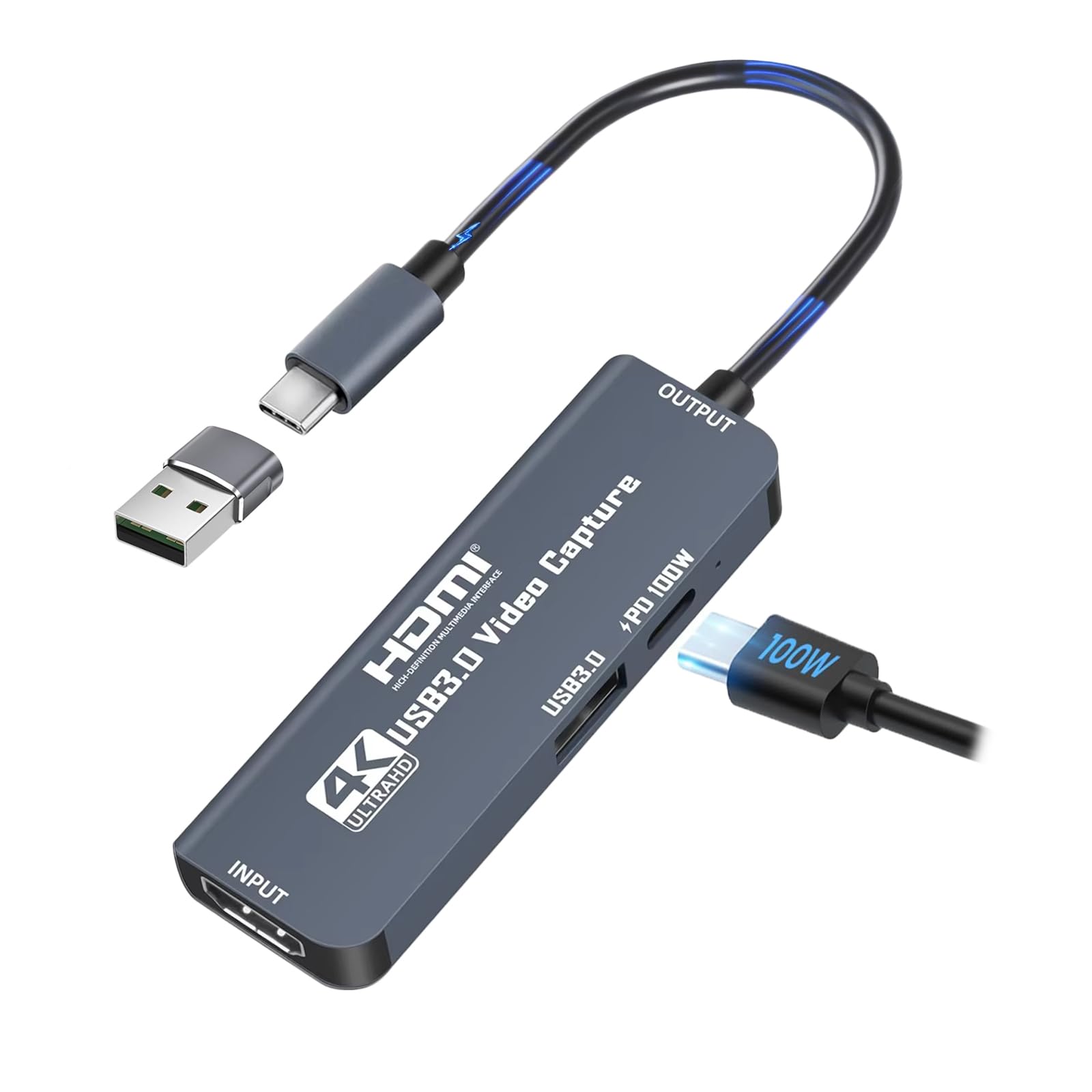 Scheda di acquisizione video, scheda di acquisizione HDMI a USB-C/A con PD100W e porta USB, registrazione di gioco in streaming 4K 1080P per registratore video di gioco,compatibile Switch,PS4/5,X box