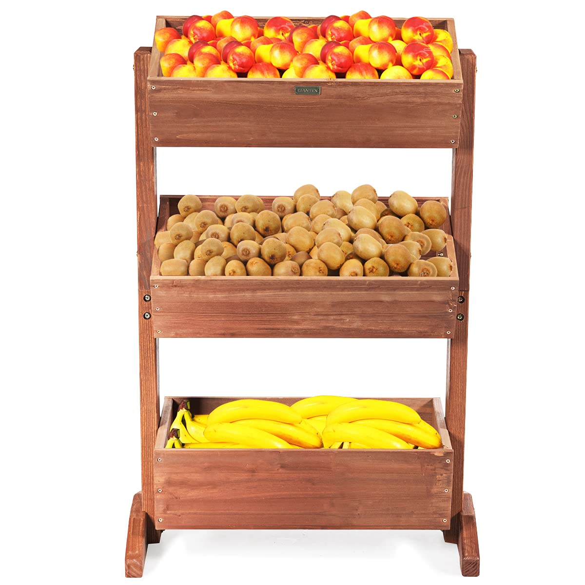 GIANTEX Bancal Vertical de Madera de Abeto con 3 Maceteros para Jardín, Huerto Elevado Ángulo Ajustable, Estantería de Escalera para Flores, Verduras, Plantas, Color Marrón