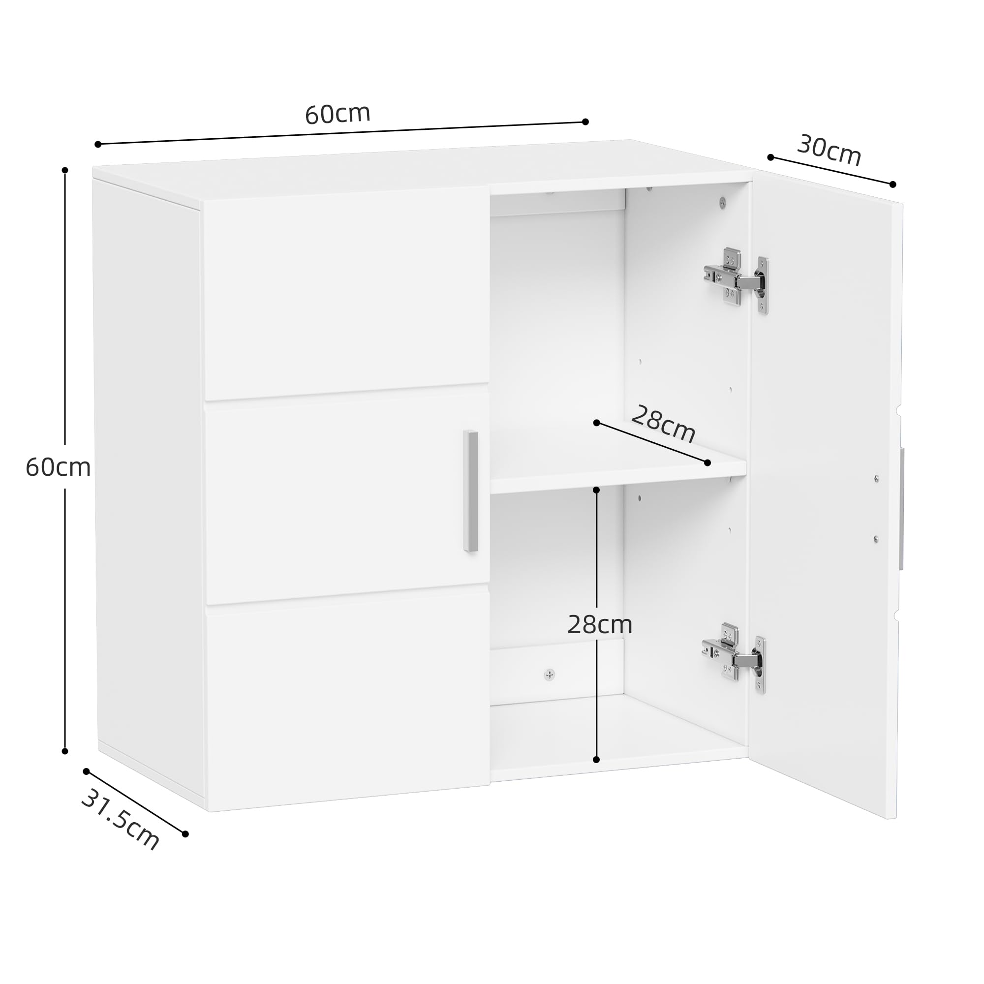 APICIZON Pensile Bagno 2 Ante, 60 × 31 × 60 cm, Bianco | Mobile bagno sospeso con ripiano interno regolabile, armadietto da parete per bagno, cucina, lavanderia o WC