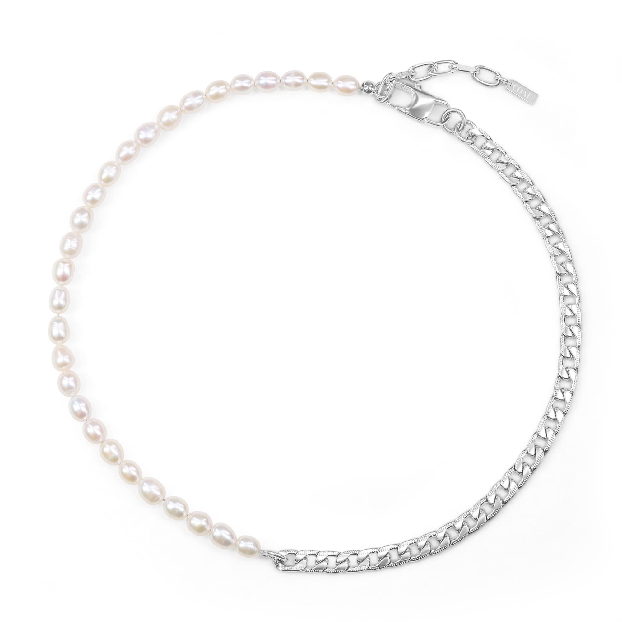 COAI Collar para Hombre y Mujer de Perlas Cultivadas de Agua Dulce Cadena Barbada en Acero Inoxidable