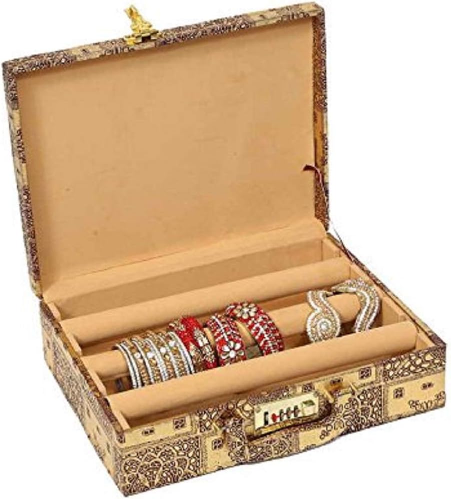 Kuber Industries Wooden 3 Rod Bangle Box, Golden (KI0044832)