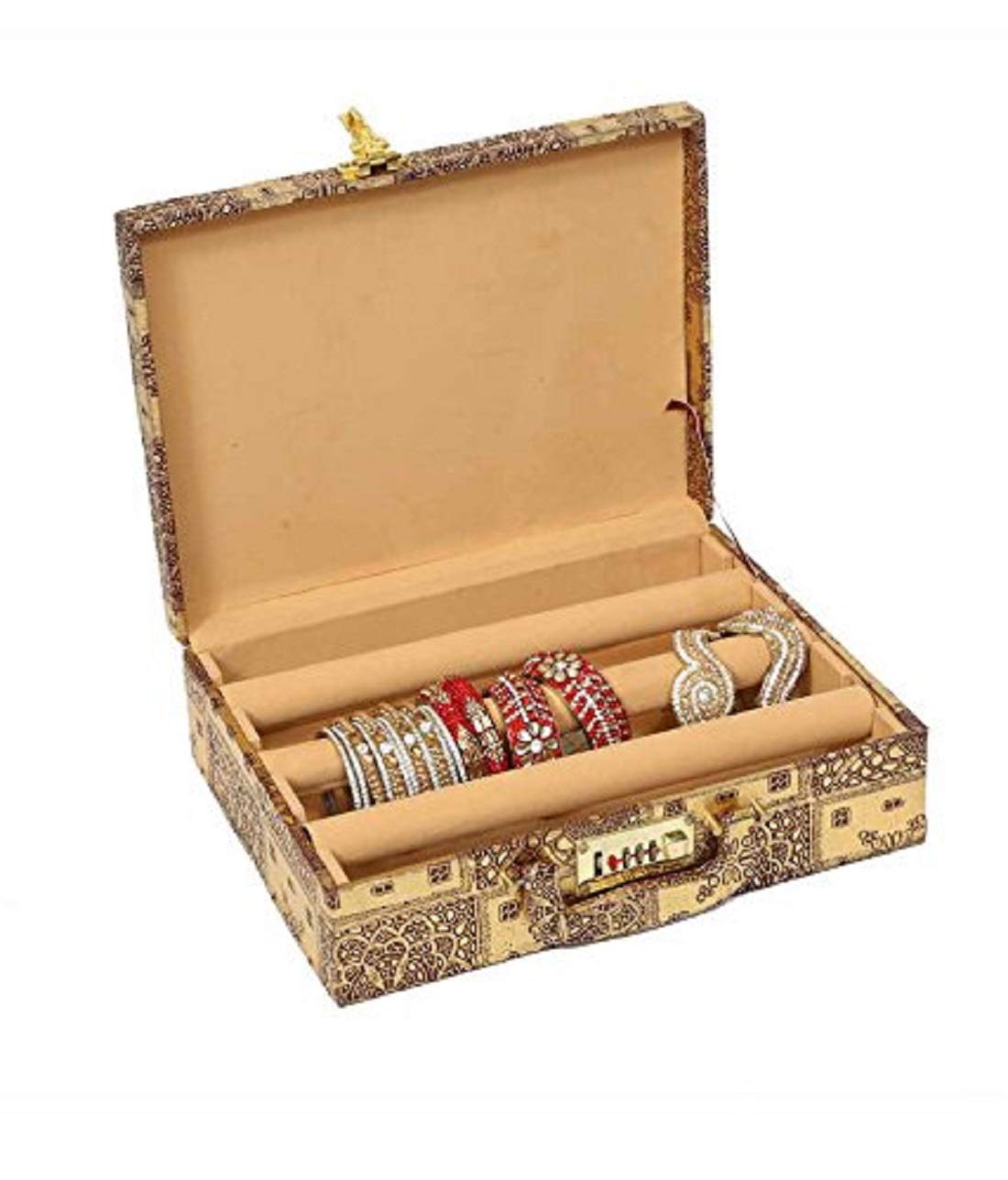 Kuber Industries Wooden 3 Rod Bangle Box, Golden (KI0044832)