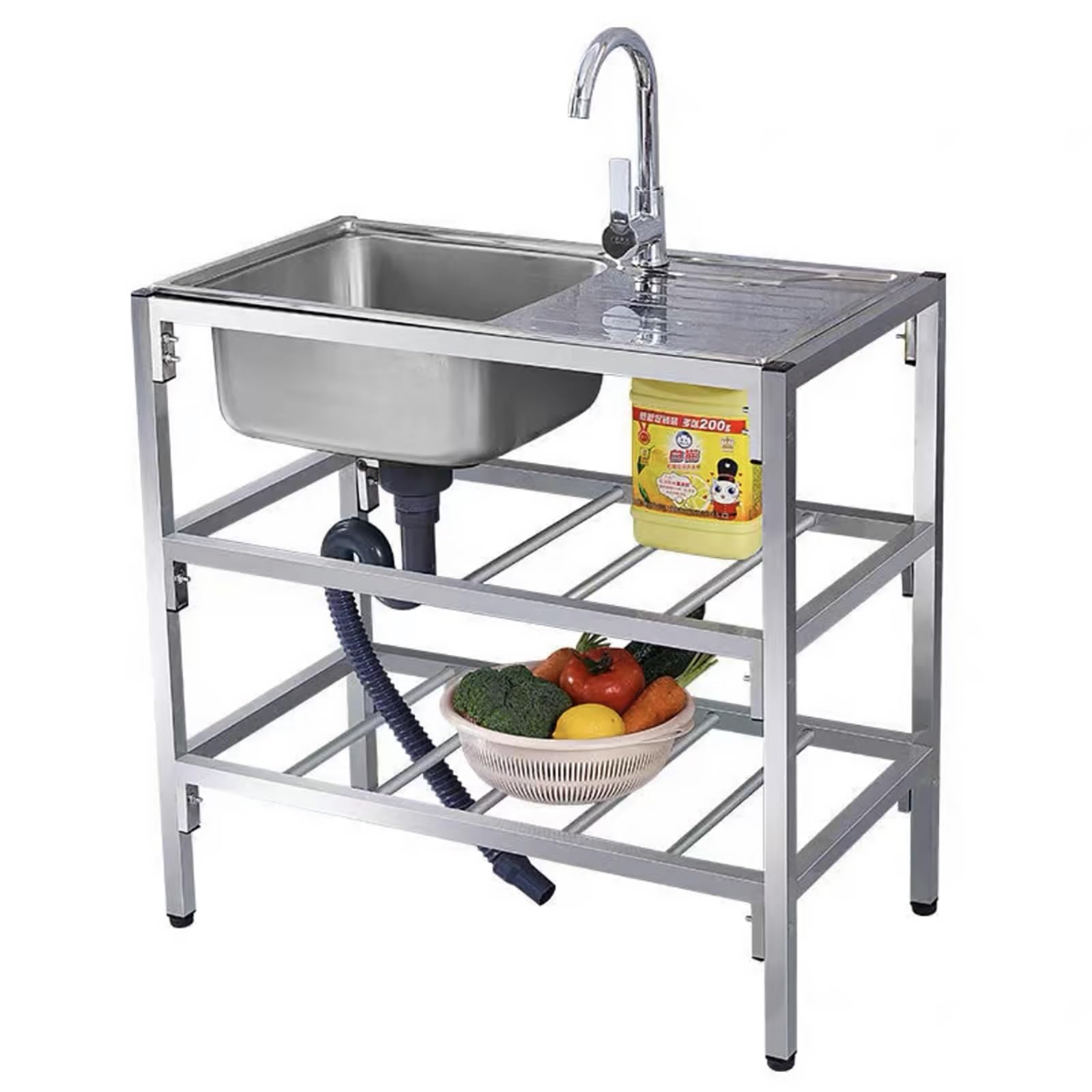 TAXXII Commercial Single Bowl Utility Sink with Workbench and Storage Shelves - Free Standing Outdoor/Indoor Catering for Restaurant, Garage, Basement Includes Faucet