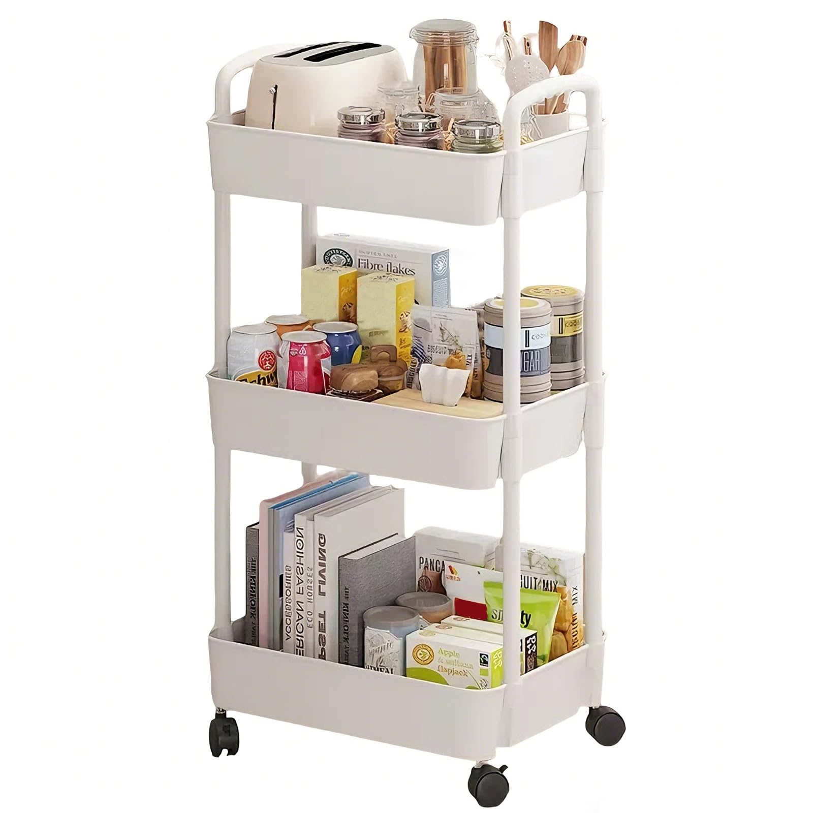 YiZhou 3-Tier Storage Trolley on Wheels with Handle, Metal & Plastic Kitchen Utility Cart, Slim Rolling Mobile Shelving Organizer for Bathroom, Office, Laundry, Bedroom, Narrow Spaces(White)