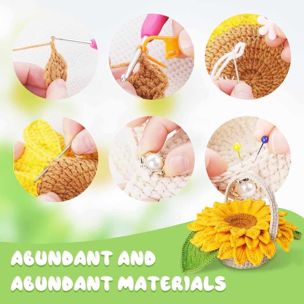 PATPAT Crochet Kit DIY Sunflower Basket Kit Set of 5Pcs Beginners Yellow 2
