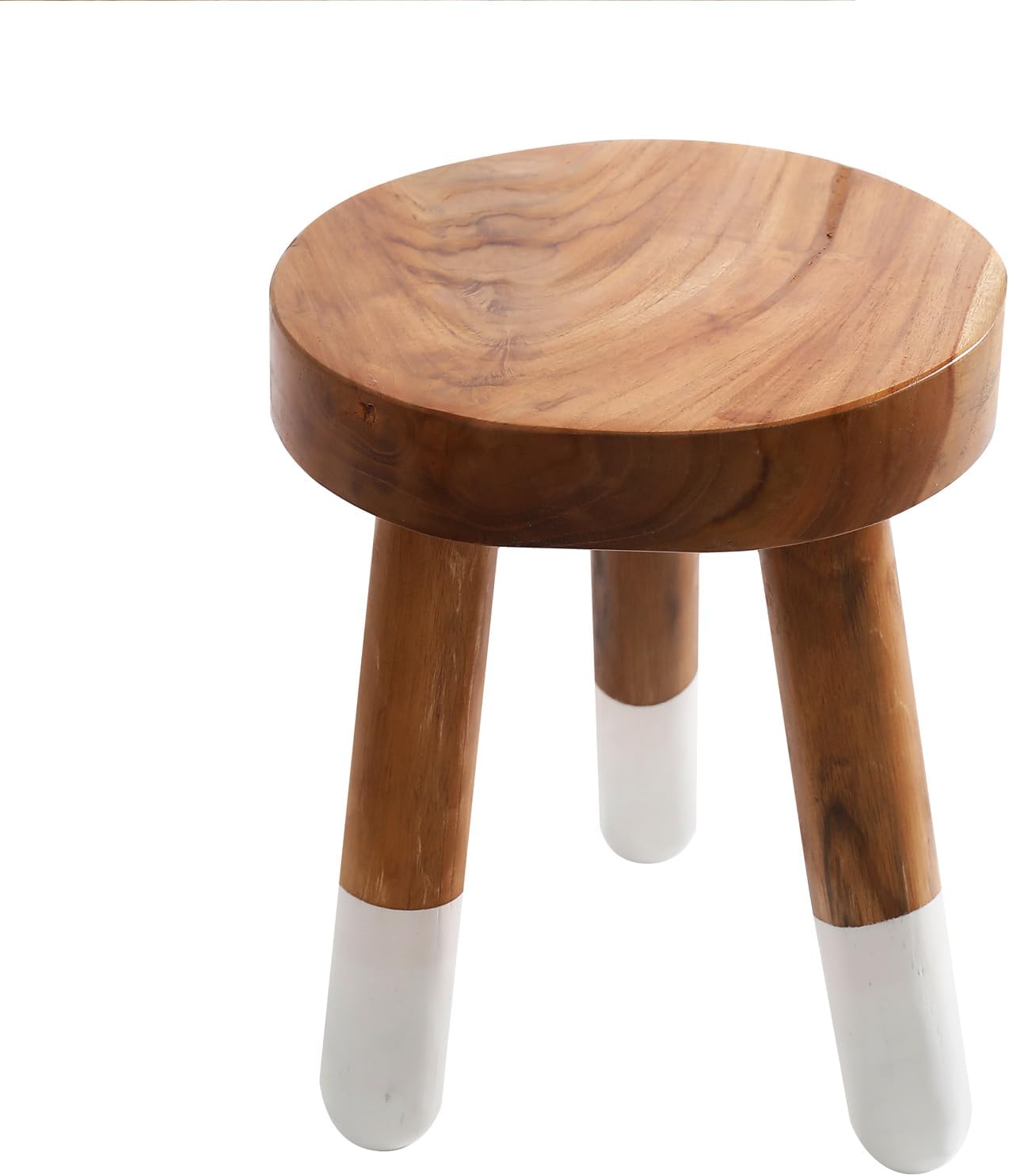 Teak 12" Round Dip Dyed Wood Plant Stand | Wood Accent Stool | Bath Stool | Milking Stool (12" Tall White)