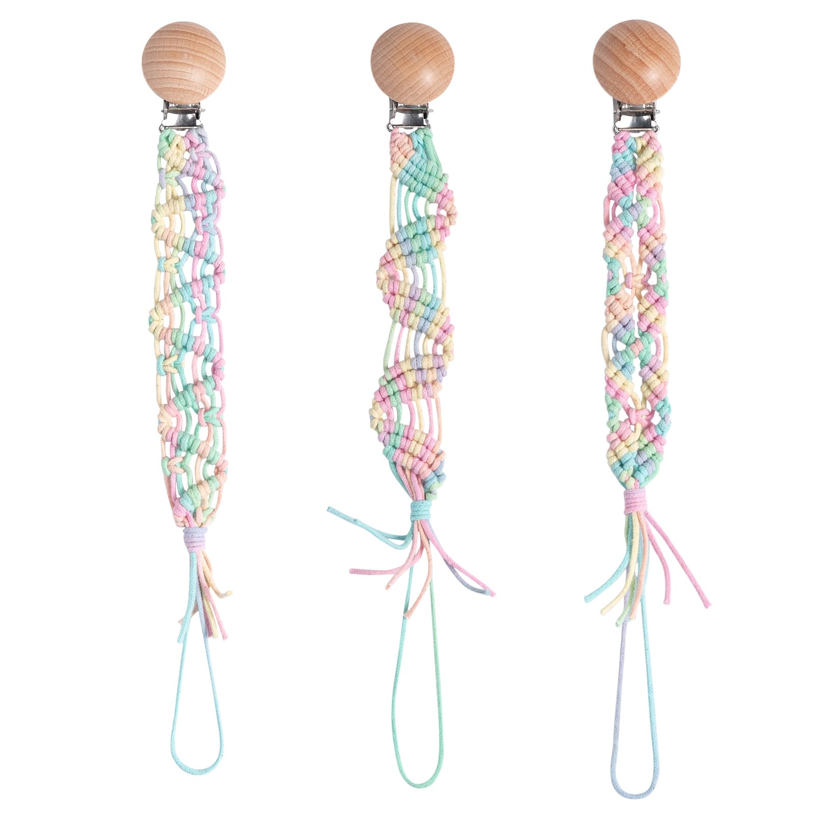 Symbolife Boho Pacifier Clip for Boys Girls Pacifier Holder Leash Wooden Clips Handmade Braided Cotton Unisex Baby Shower Birthday Gift Christmas Gift (Rainbow - Pattern 5)