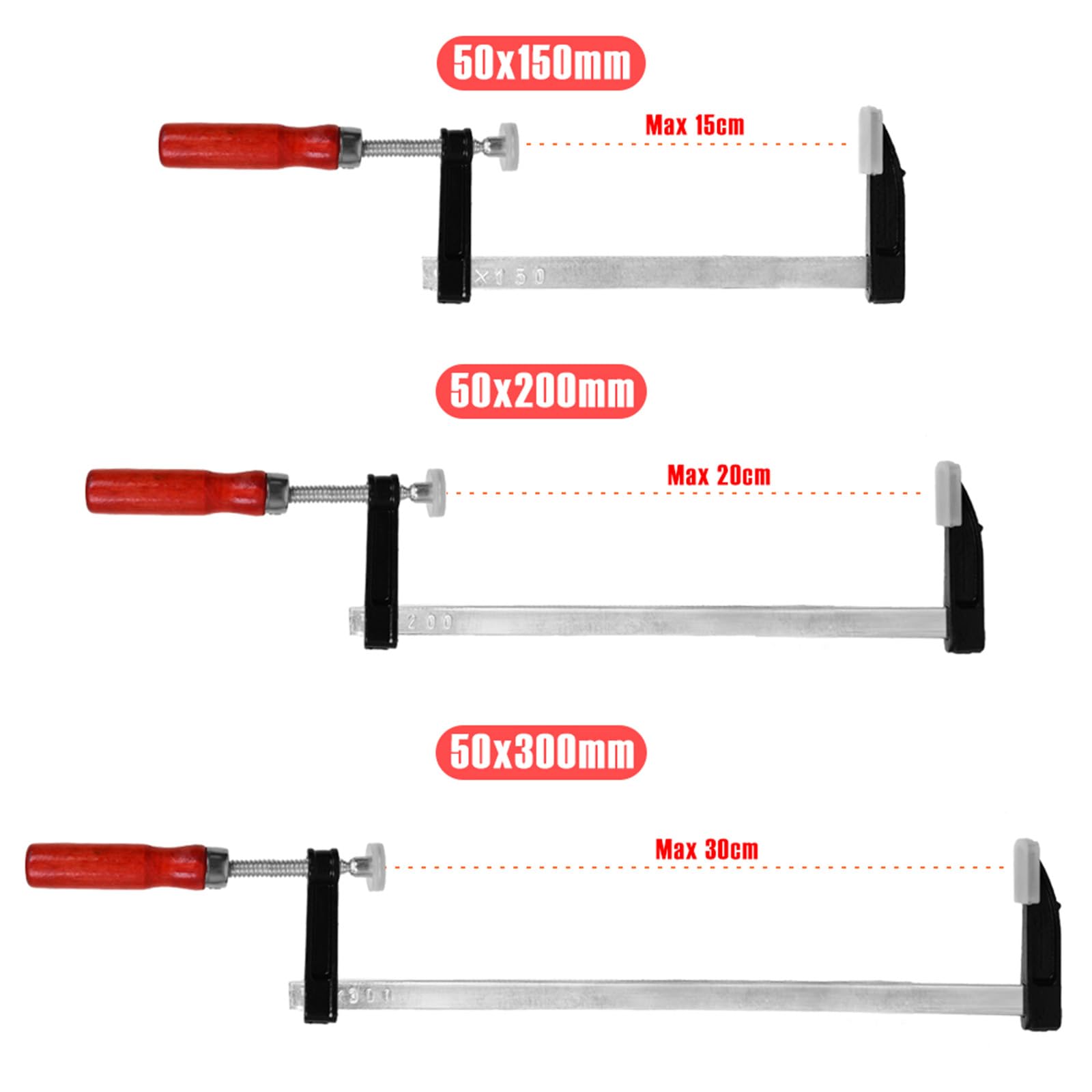 Schraubzwingen, Profi Schraub-Zwinge Set mit 10-Komponentengriff 50x200 / 50x300, Spann-Weite 150 mm, Spanntiefe 50 mm, Spannbacken aus Temperguss-Stahl, Schraubzwenge mit Hohlprofilschiene (50x300)