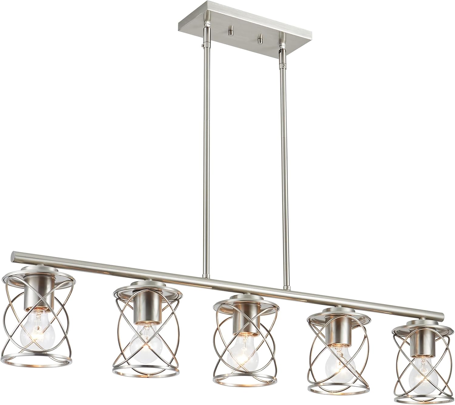 Kitchen Island Light, 5-Light Dining Room Lighting Fixtures Hanging, Farmhouse Linear Pendant Light for Kitchen Island Table Living Room with Adjustable Rods, Brushed Nickel