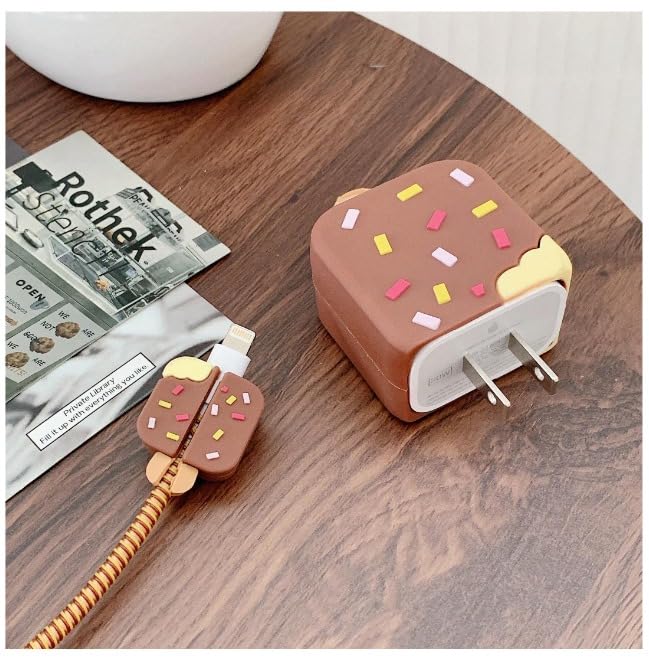 Image of Cable Protector with 3D Cute Pattern for iPhone Charger only18W & 20W | Data Line Wire Saver Charger Protective Cable Full Protection Set of-1 (Brown ICE Cream)