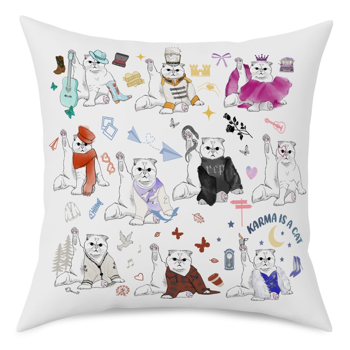 Cat-Lover Cute Throw Pillow Covers Music Lover Inspired 18x18 Home Office Couch Decor
