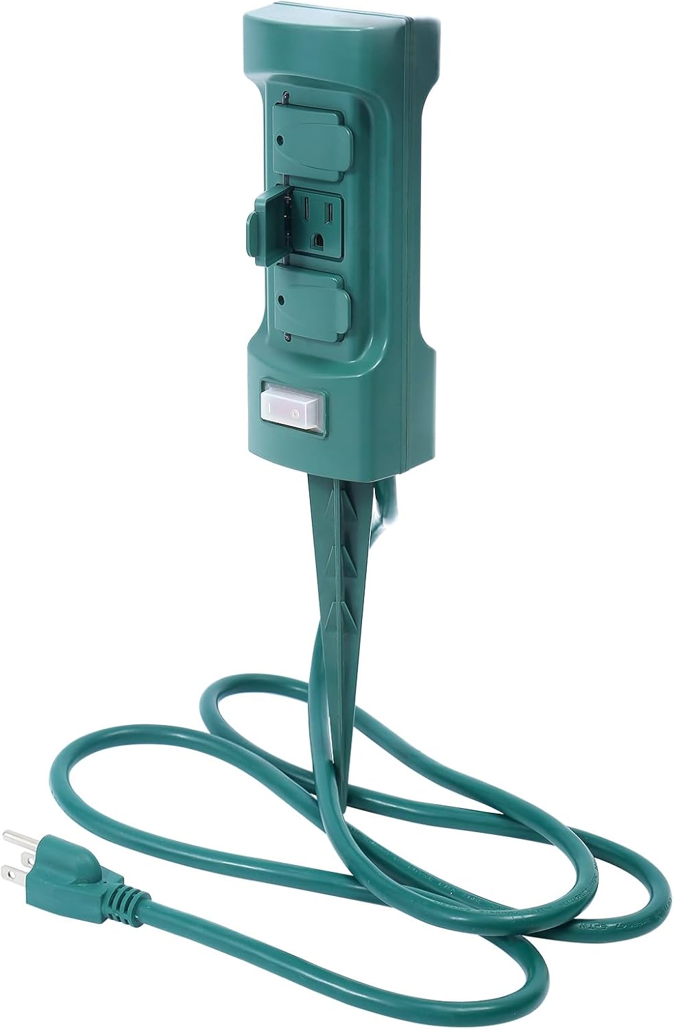 MaxWorks 80710 6-Outlet Double Sided Outdoor Power Stake with Covers-14 AWG x 3C-with Overload Protection-ETL Certified, 6 Ft. Green