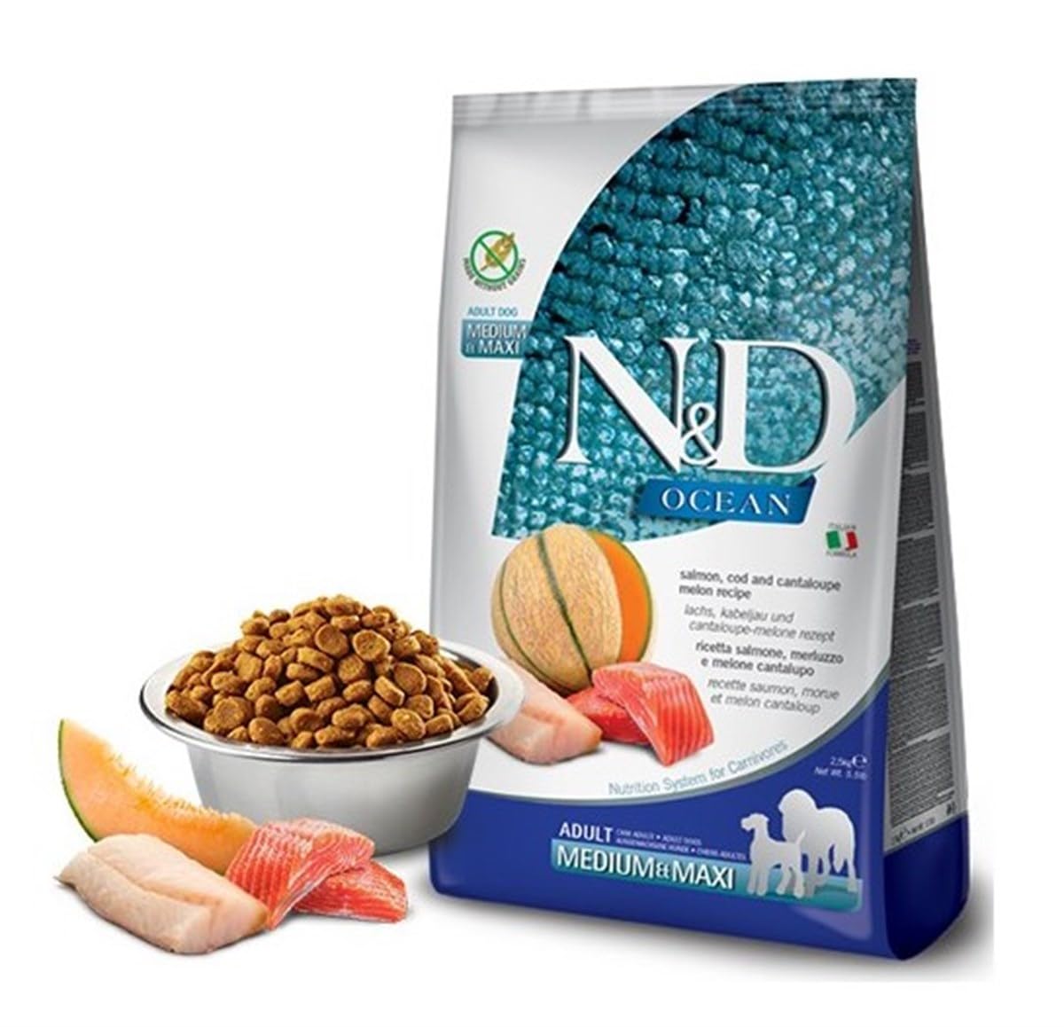 Farmina N&D Ocean Adult Medium Pellets Dog Food (Dry Food Vitamins and Natural Antioxidants, Corn Free, Ingredients: Salmon, Cod and Melon, Serving Size: 2.5 kg)
