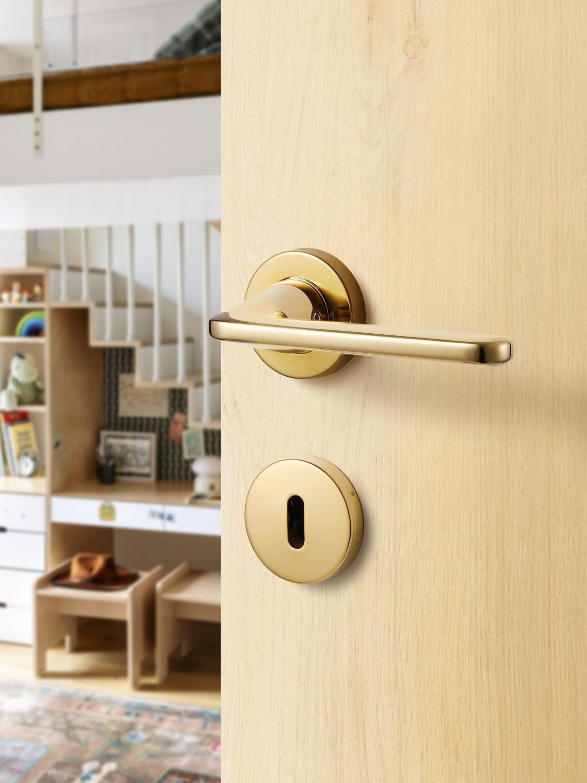 SORWDUERM Gold Door Handle Set, Matte Brushed Stainless Steel, L Shape Round Rosette BB Profile Cylinder for Front & Interior Doors - Image 3