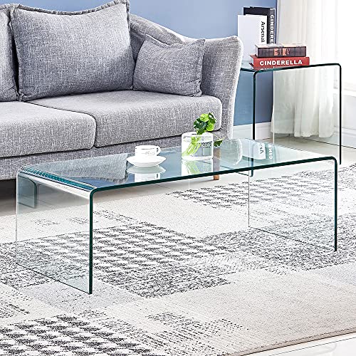 Glass Coffee Table, Modern Tempered Clear Coffee Tables Decor For Living Room, Easy To Clean And Safe Rounded Edges 39.3" L X 19.6" W X 13.78" H #TOP1