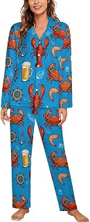 Pajamas Set for Women Long Sleeve Wide Leg Nightwear Colorful Lobsters Seashells High Waisted Pj Lounge Sets