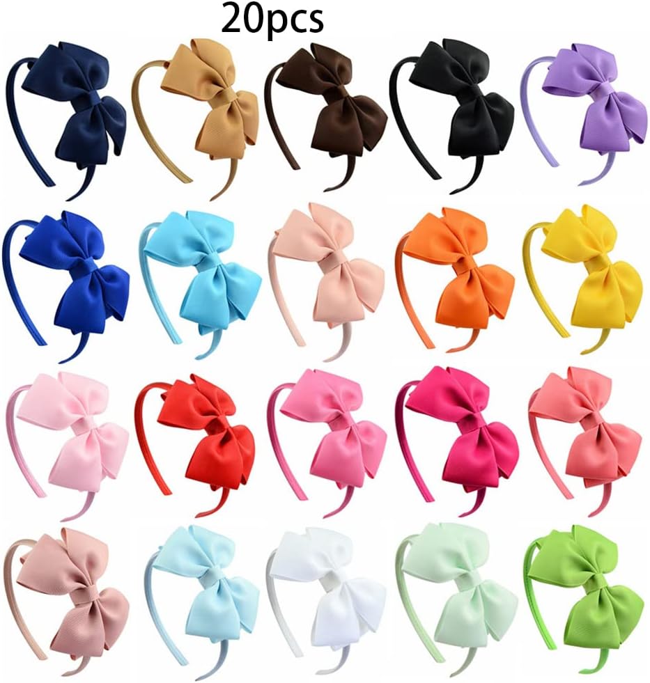 Eforcase 20PCS Bow Headbands for Girls, Cute Headwraps Headwear Hair Bow Head Bands for Kids Girls Hair Accessories