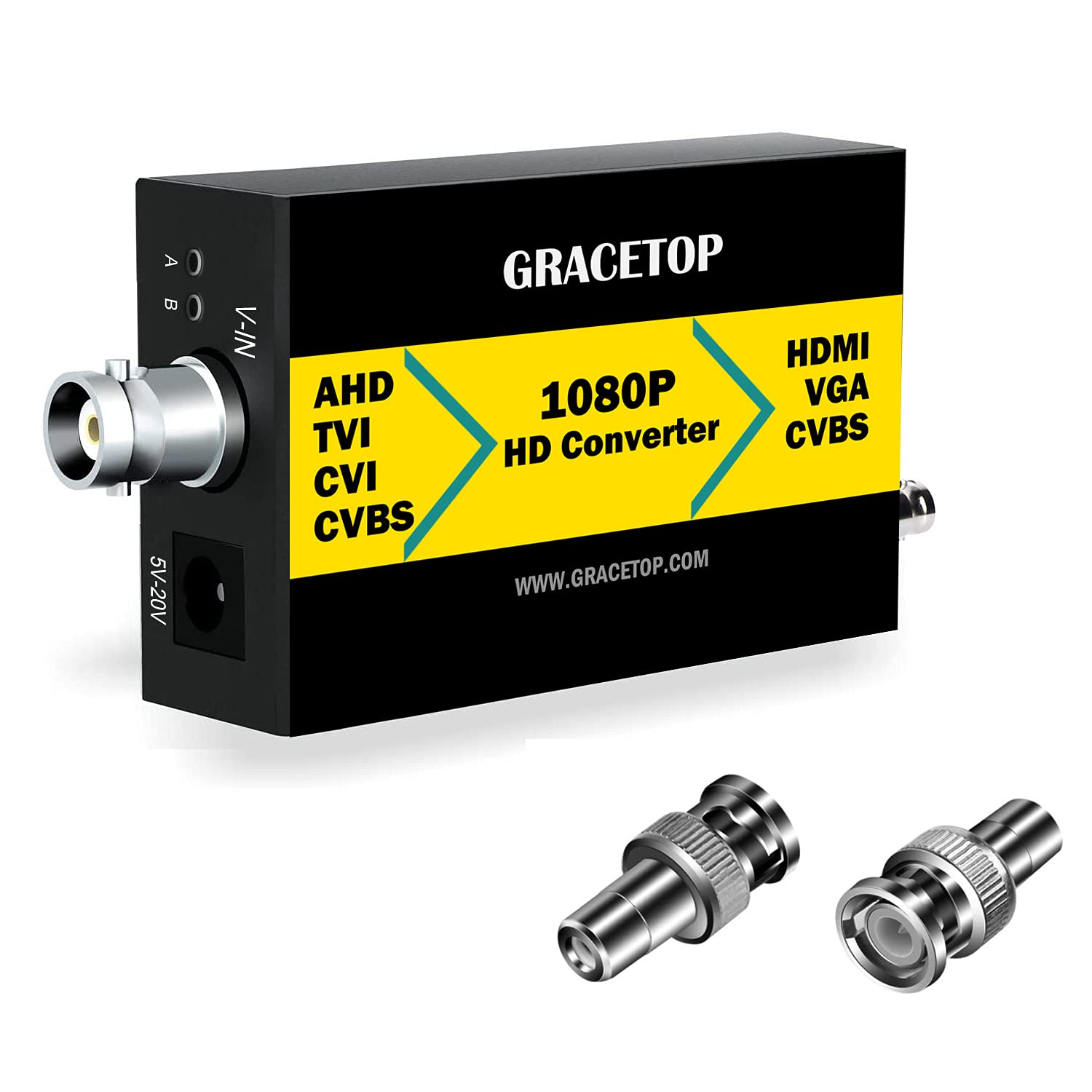 GRACETOP Convertitore da RCA a HDMI, convertitore da BNC a HDMI CVBS/TVI/CVI/AHD a HDMI/VGA/CVBS con loopout 720P/1080P/3MP/4MP per monitor HDTV DVR