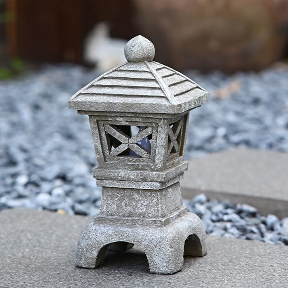 Lanterna a pagoda ad energia solare, statua da giardino zen in resina, torre giapponese in pietra per esterni, luce decorativa per cortile resistente alle intemperie, per illuminazione paesaggistica
