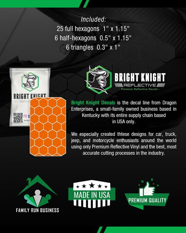 Miniatura 6 de BRIGHT KNIGHT DECALS Adhesivos hexagonales reflectantes para casco de motocicleta. Calcomanías de casco de motocicleta naranja de 1 pulgada hechas