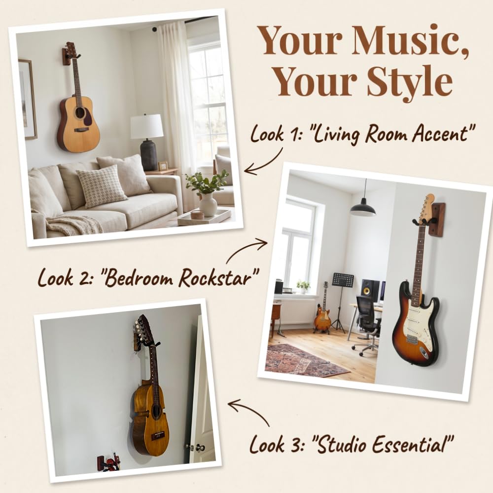 Lot de 4 Supports Muraux en Bois de Noyer Noir pour Guitare Support Mmural pour Guitare et Basses avec Bras Pivotant à 360° et Patin en Caoutchouc Porte Guitare Mural Noyer pour Salon, Studio