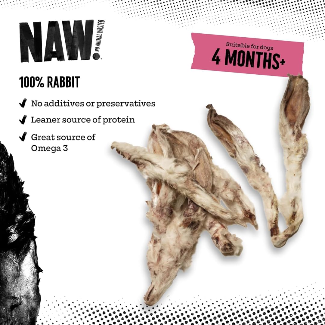 NAW Haarige Kaninchenohren, 500 g, hochwertige natürliche Hundeleckerlis, unterstützt gesunde Zahnhygiene, 100 % Kaninchen, eine schlankere Proteinquelle, luftgetrocknetes Kauspielzeug für Hunde