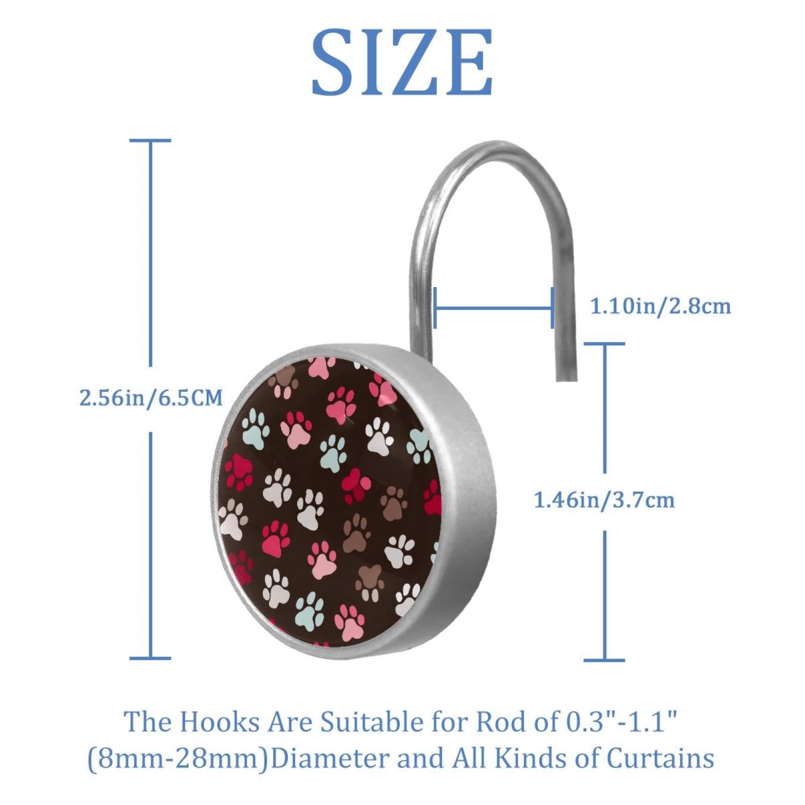 12pcs Glass Shower Curtain Hooks, Rust Resistant Decorative Shower Rings for Bathroom Living Room,Stainless Steel Hooks for Shower Curtain and Liner Rods (Paws Brown Pattern)