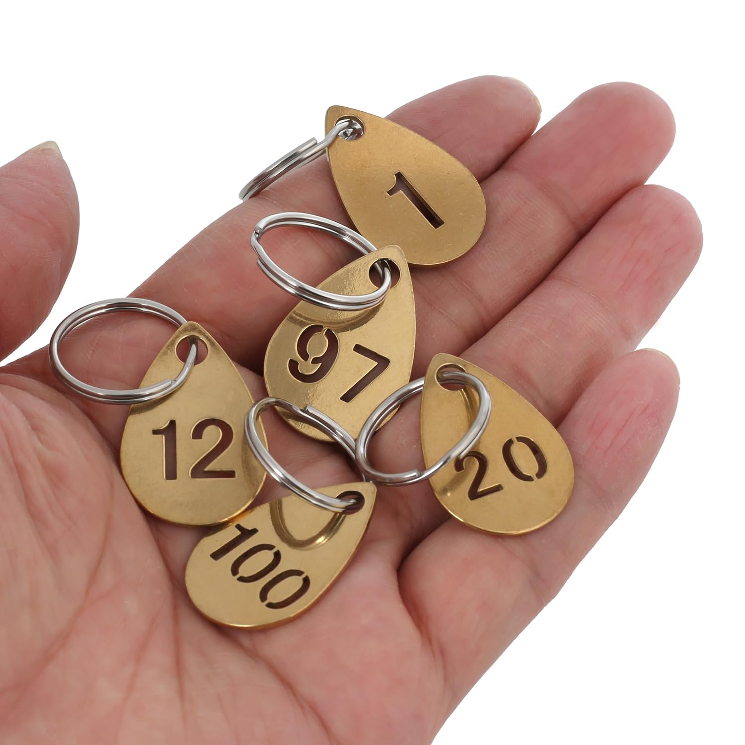Targhette per chiavi con numeri, in ottone, a forma di goccia, etichette con numero in metallo, etichette portachiavi, da 1 a 80