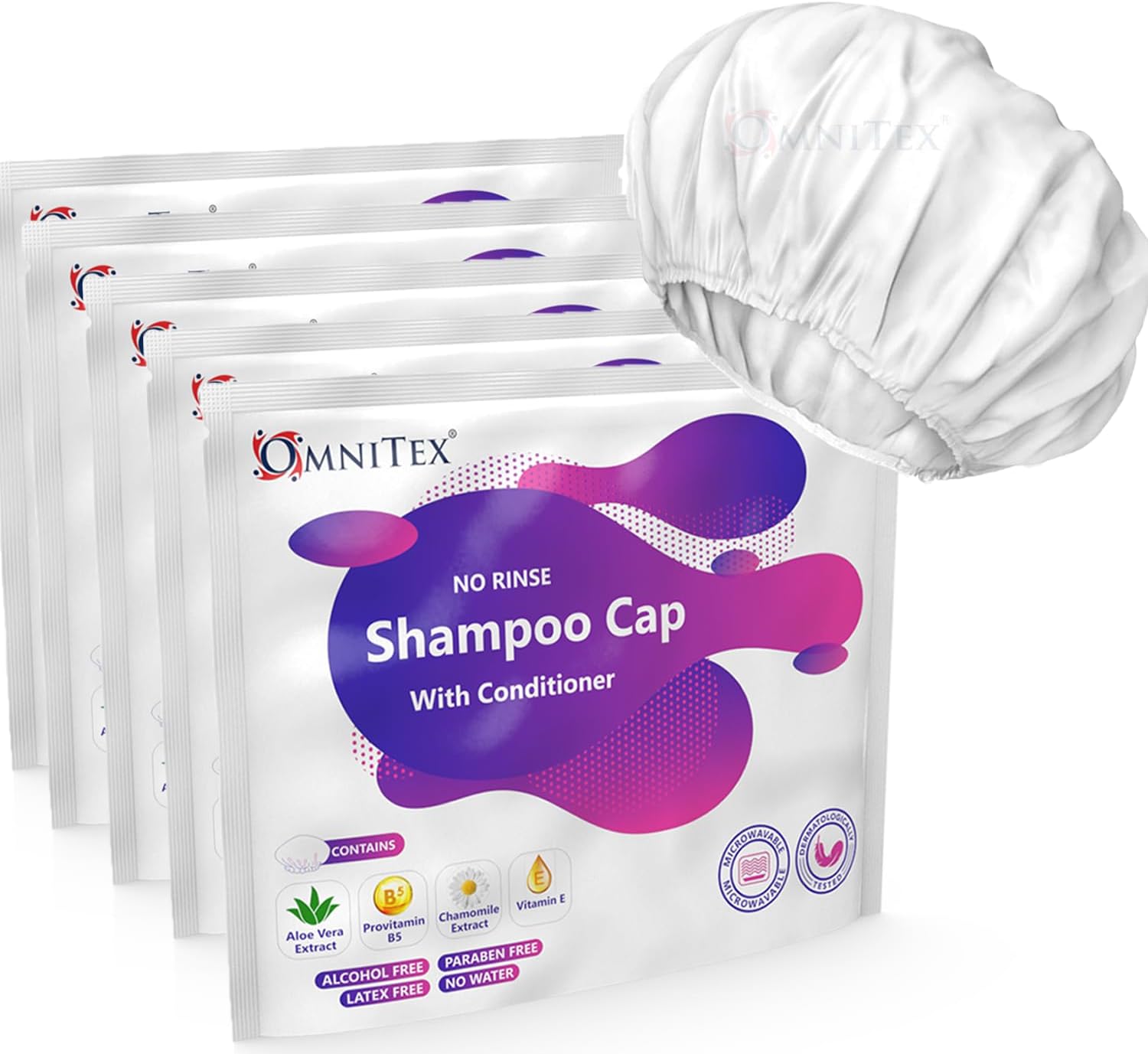 5pk - Omnitex Premium Rinse Free Shampoo Cap - Microwaveable | With Conditioner & Vitamins | Nourish & Protect with Herbal Extracts & Barrier Cream | No Water, No Parabens, Latex Free, Alcohol Free