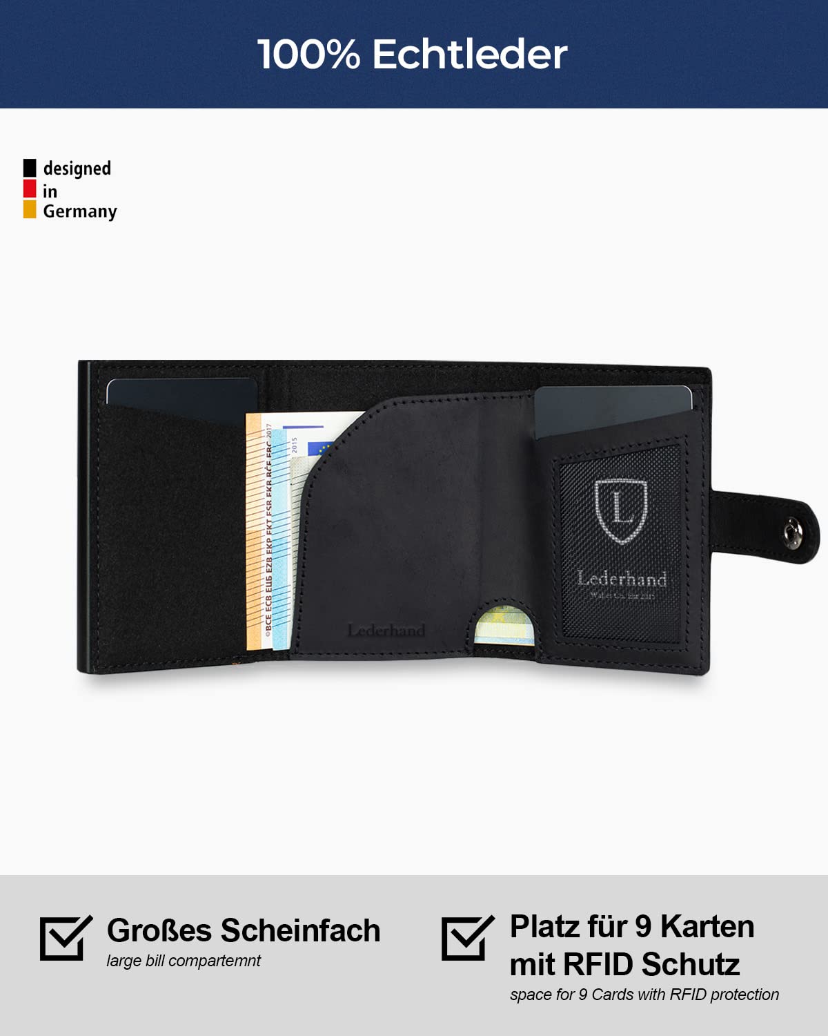 Lederhand Fargo Wallet – Leder Geldbörse handgemacht für Herren und Damen Portemonnaie Aluminium Kartenhalter mit Münzfach und Scheinfach - Platz für 9 Karten mit RFID NFC Schutz Farbe | (Schwarz)