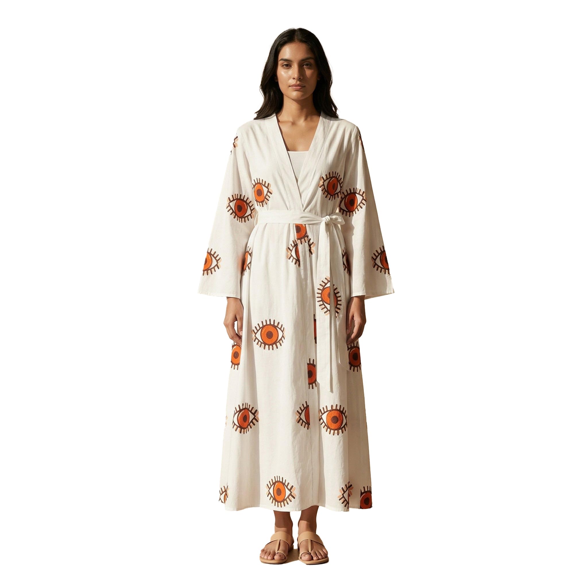 first resort White and Orange Evil Eye Cotton Long Cover-Up with Embroidered Patch and Belt (Small)-picture-10
