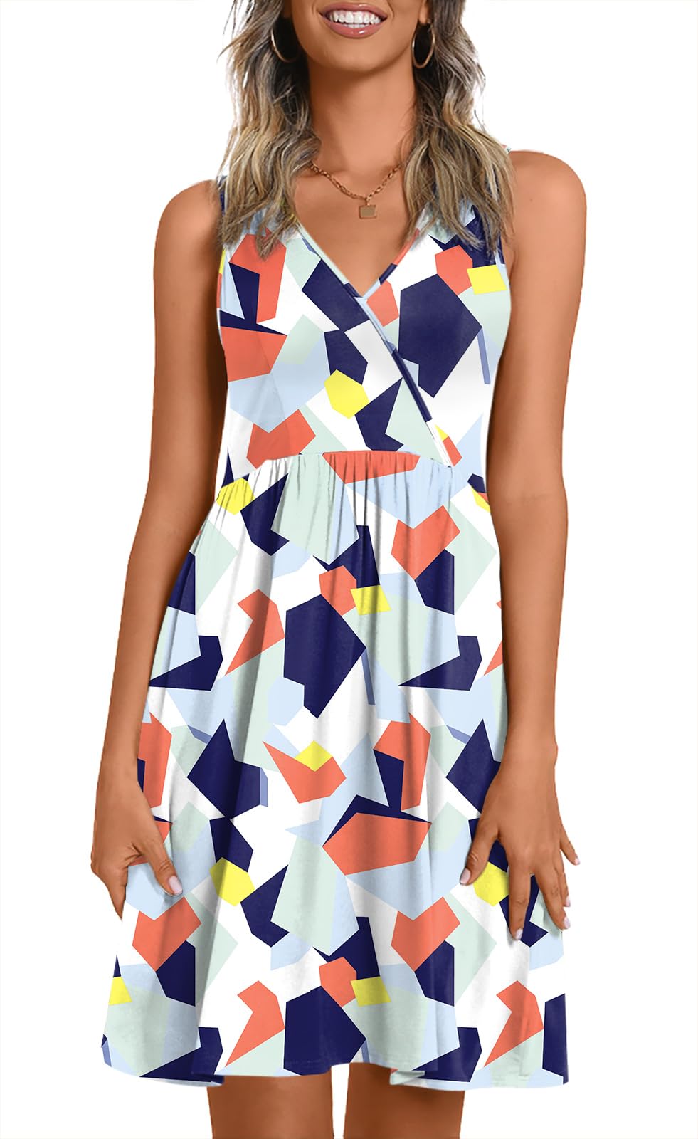 CATHY Women V Neck Sleeveless Dresses with Pockets Summer Sundress S-2XL