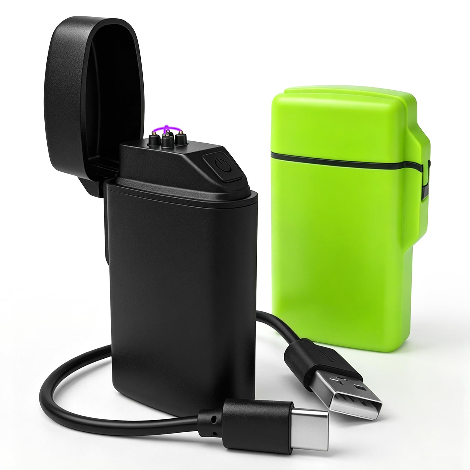 2Pcs, Electric Lighter USB Rechargeable Arc Plasma Lighter Windproof Flameless for Outdoor Camping Hiking (Black+Green)
